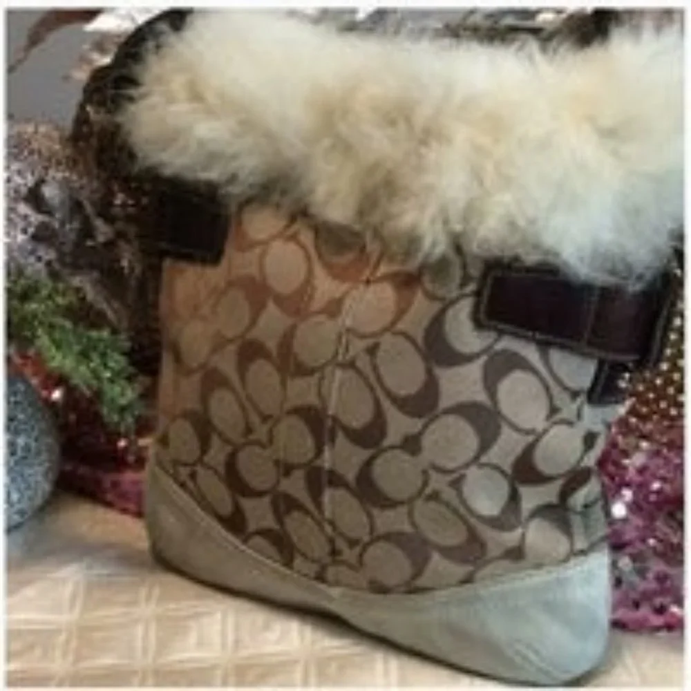 Like New Coach Signature Canvas Shearling Duffle Khaki Handbag Tote Bag Purse